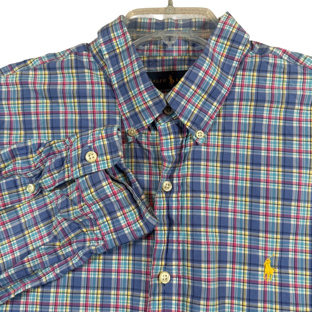 Ralph Lauren Button Down Shirt Mens Large Blue Pink Yellow Plaid Long Sleeve